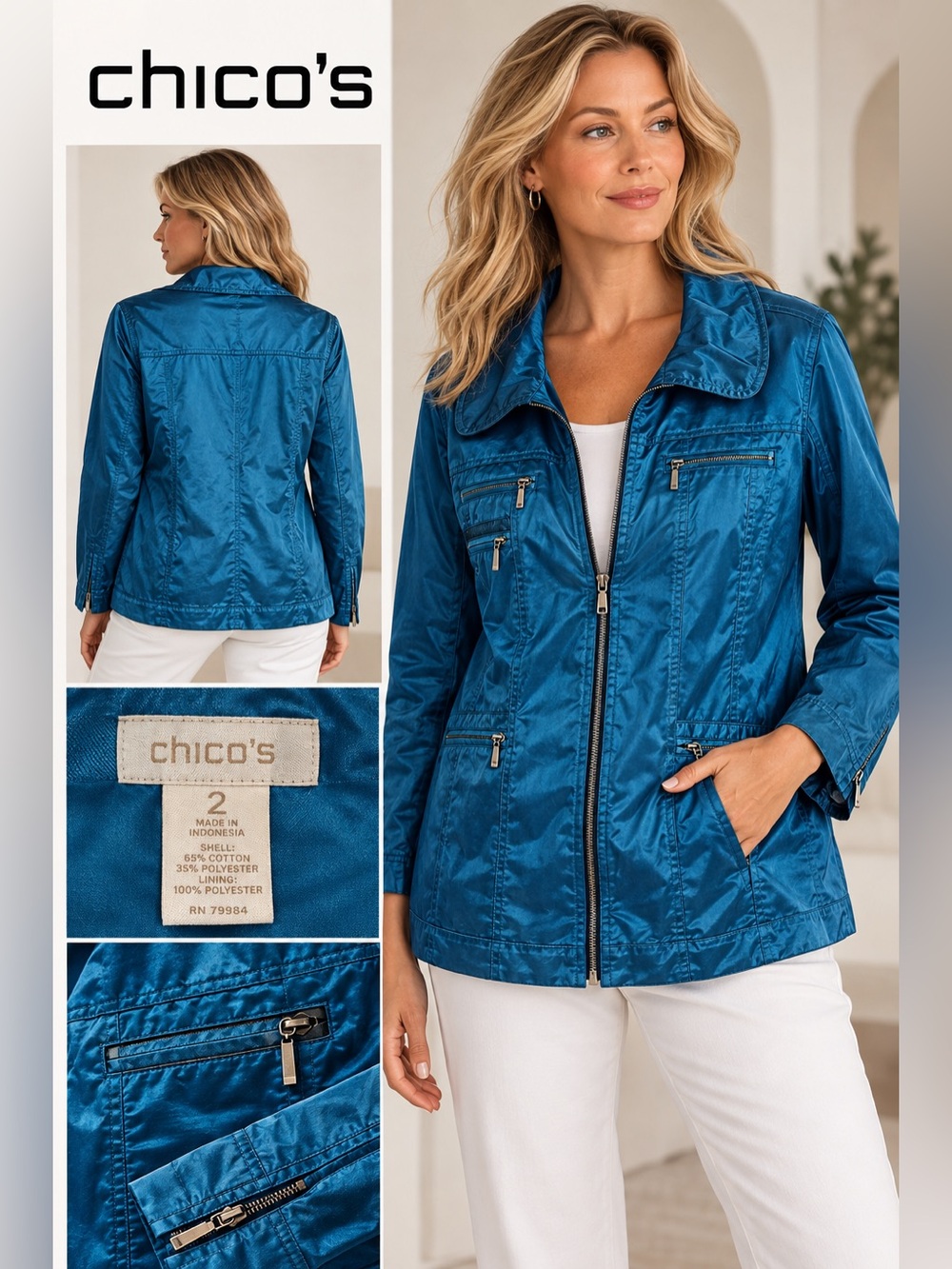 Chico's Jacket/Coat Size 2 Blue Women's